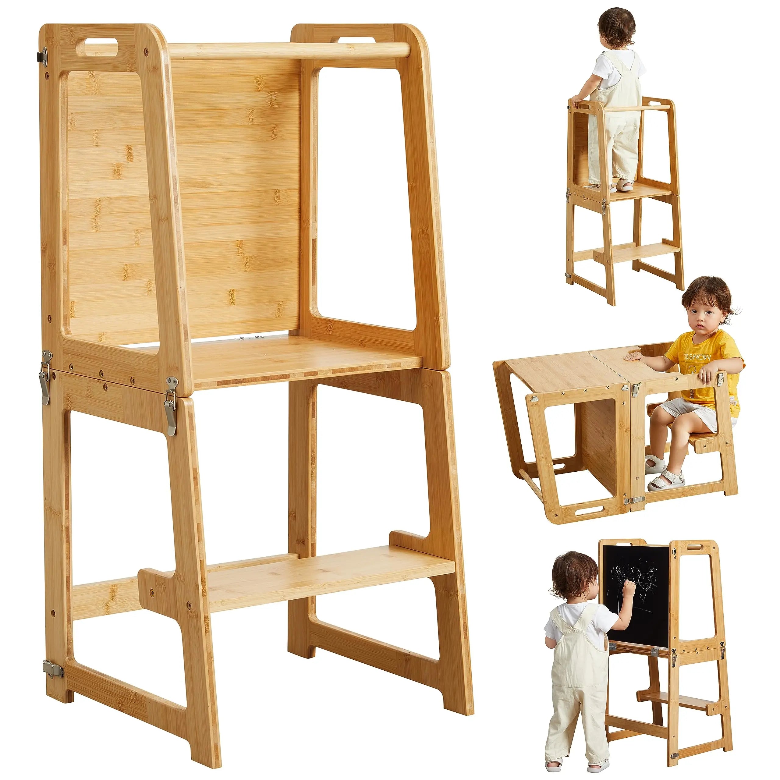 Bamboo Kitchen Learning Helper Stool with Chalkboard Wood 4-in-1 Standing Tower for Toddlers & Kids Anti-Slip Desk Table Chair