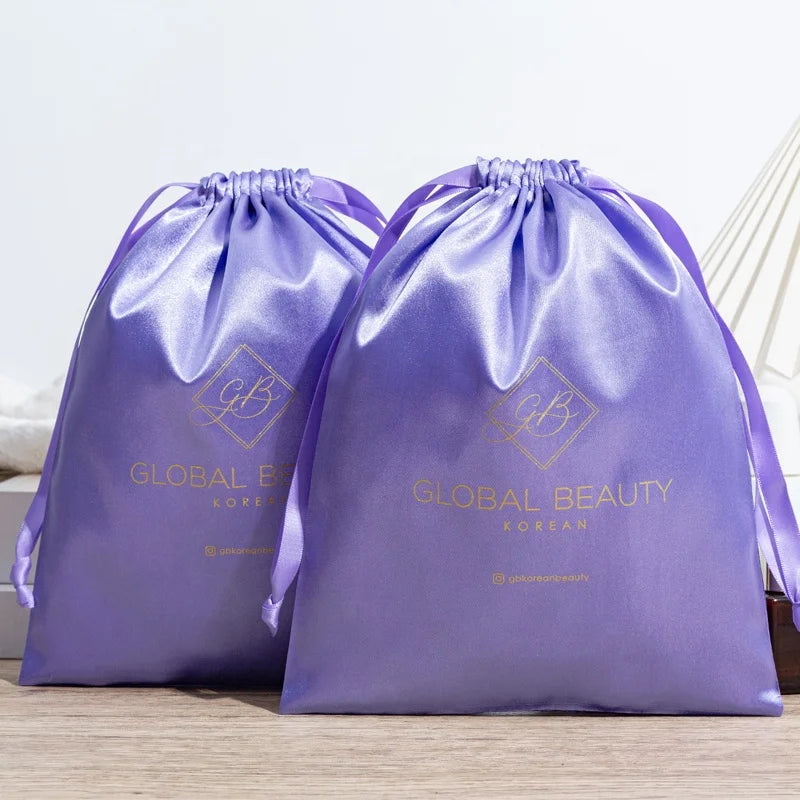 Wholesale Custom Printed Satin Blue Shoe Bag Drawstring Wig Hair Set Textile Product Packaging Satin Drawstring Bag