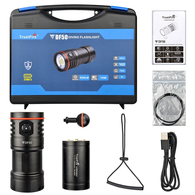 For DF50 Super Bright 6500 LM UV Red White Light Underwater 105 Meters Scuba Dive Flashlight with USB Charging