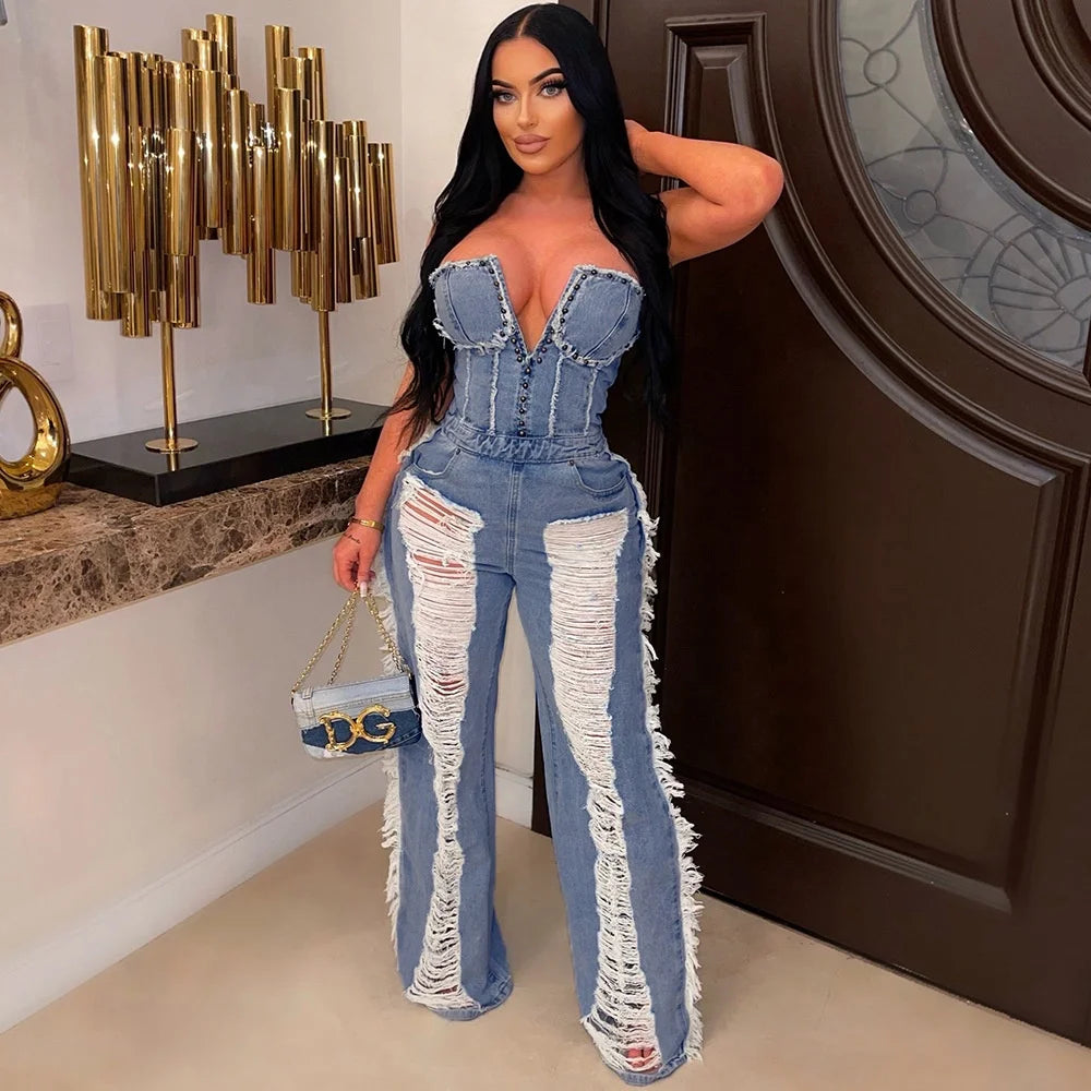 OUDINA Wholesale Trendy V-neck Backless Hollow Tassel Jumpsuit Jeans Denim Jumpsuits for Women