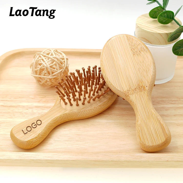 Portable Travel Detangling Hair Brush Mini Natural Wooden Scalp Massager with Cushion Paddle Vent for Hair Growth