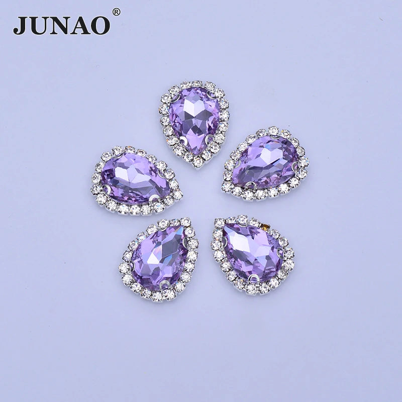 JUNAO Top Quality 18*25mm Light Purple Crystal Waterdrop Shape Sewing Rhinestones With Sil Ver Claw Setting for DIY Crafts