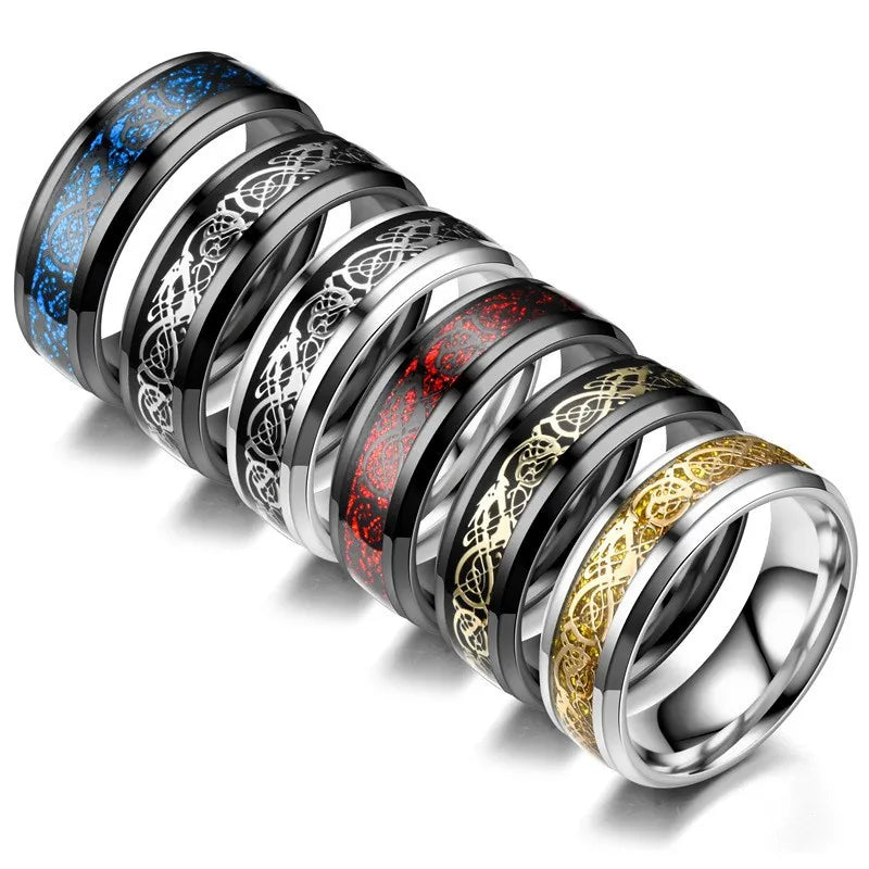 New Arrival Couple Ring Stainless Steel Tungsten Finger Rings 8mm Silver Plated Red Dragon Pattern Fibber Ring