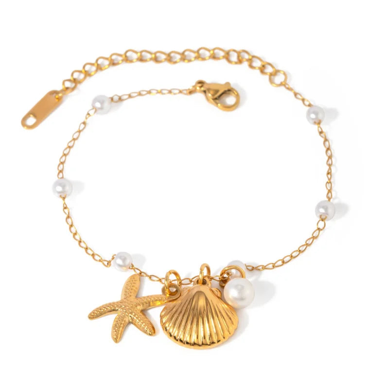 Adjustable Summer Style Women's Bracelet Fashion Charm with Starfish and Shell Pearl Beach Inspired Jewelry