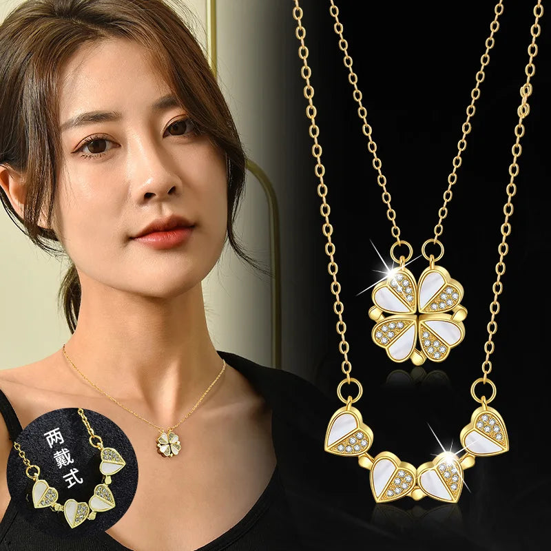 Wholesale Four Leaf Clover Necklace for Women Love Titanium Steel Choker Two Ways to Wear Heart Necklace for Women Girls