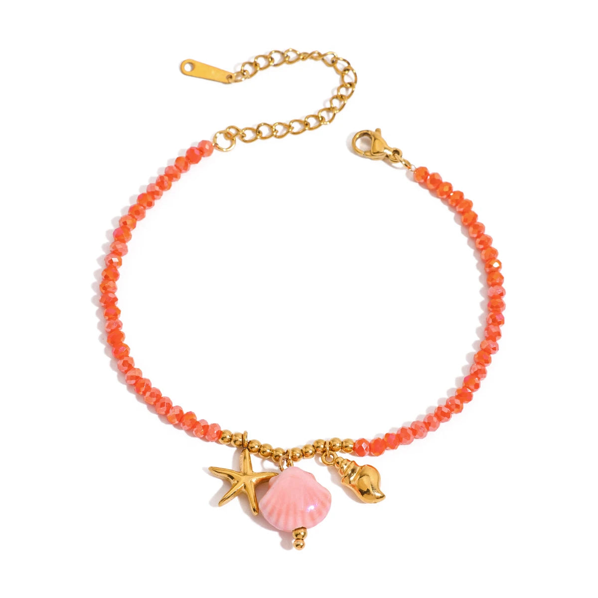 J&D Ocean Style Waterproof 18K Gold Stainless Steel Ceramic Shell Starfish Conch Orange Crystal Bracelets
