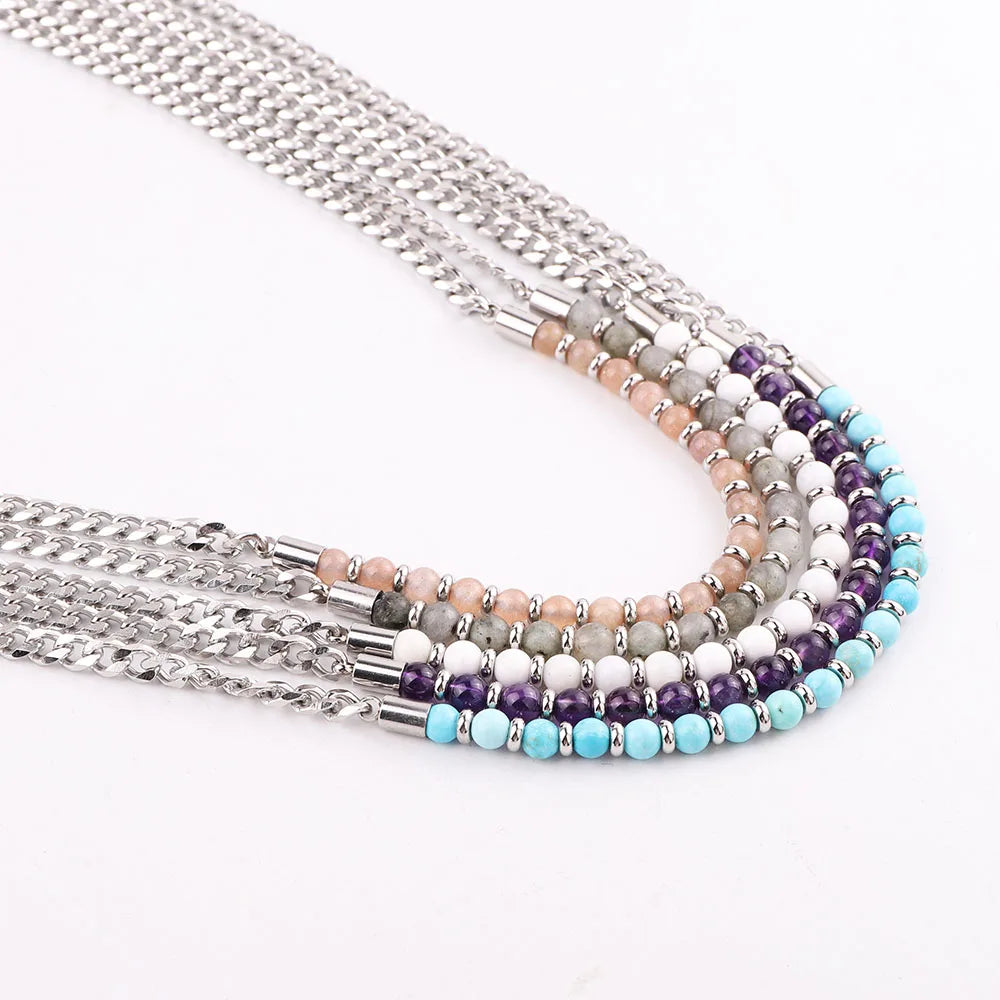 New Design Small Natural Stone Stainless Steel Chains Gemstone Choker Necklace JNK9354