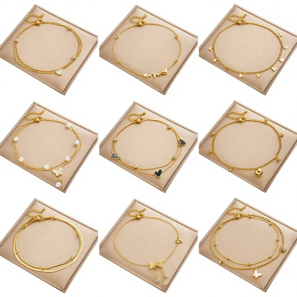 Women's Stainless Steel 18K Gold Double Layer Bracelet Bead Anklet with Pearl Shell Zircon Butterfly Heart Charm Fashion Jewelry