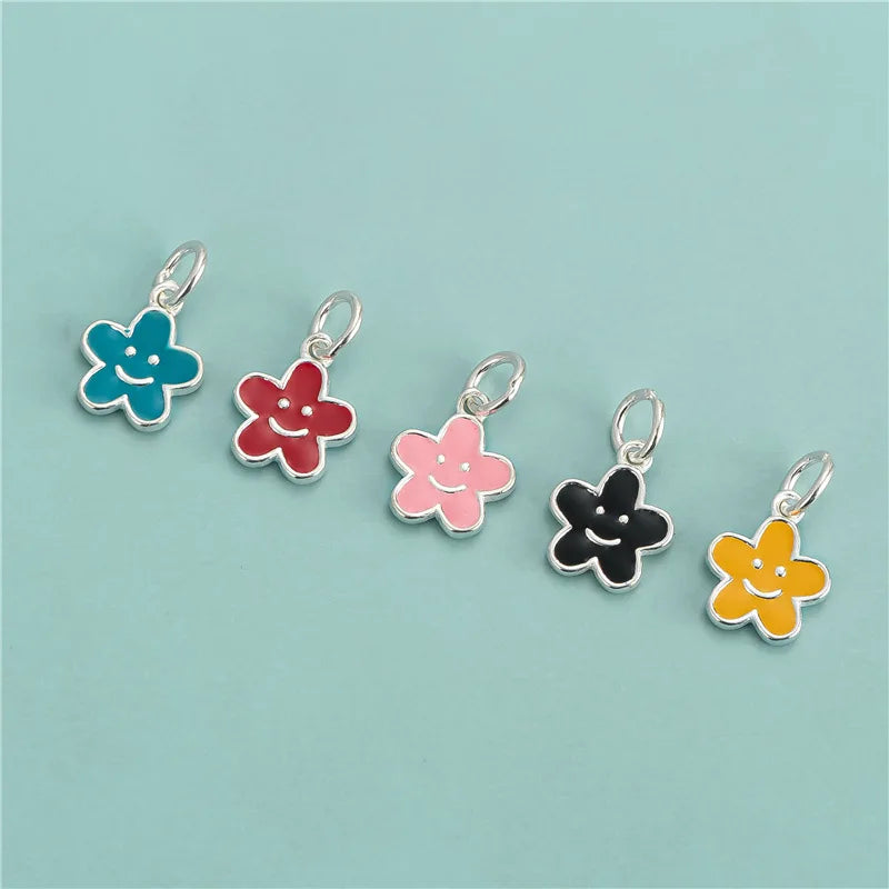 Tiny 925 Sterling Sliver Colorful Enamel Smile Flower Pendant Charm for Bracelet Necklace Jewelry Making