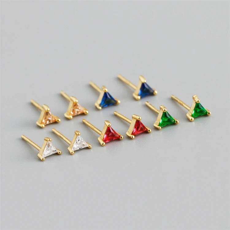 New Trendy 925 Sterling Silver 18k Gold Plated Mini Geometric Triangle Colored Zircons Stud Earrings