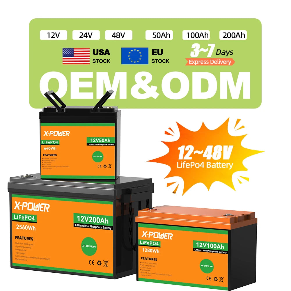 US EU Stock 12V 10Ah 20Ah 50Ah 100Ah 125Ah 200Ah 300Ah 400Ah BMS LiFePO4 LFP Lithium Ion Battery for Solar System Inverter