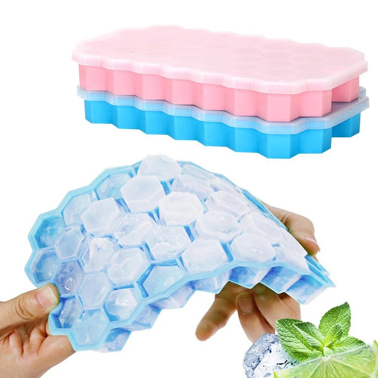 Food Grade Eco-friendly Honeycomb Shape 37 Holes Silicone Ice Cube Tray Mold With Lids