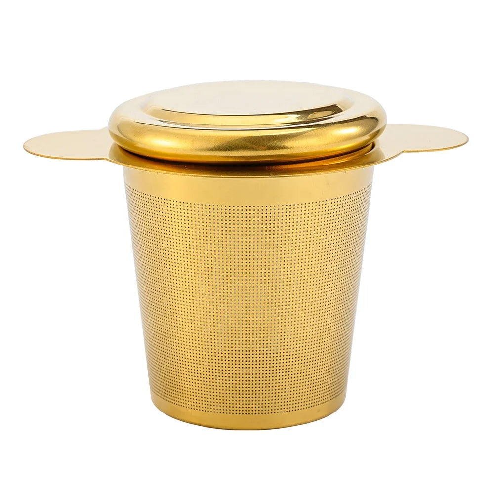 Gold Plated 304 Stainless Steel Bucket Tea Filter Double Handles Tea Infuser With Lid