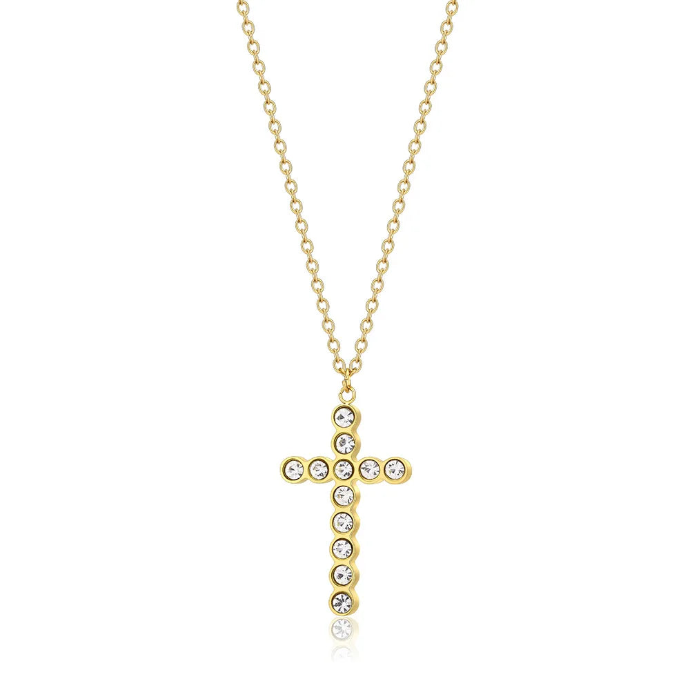 European Hot Selling Vintage Christian 18K Gold Plated Micro Pave Full Diamond Cross Pendant Necklace Female Jewelry