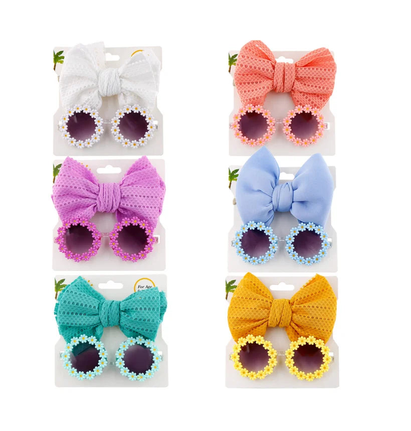 New Arrival 2PCs/Set Cute Big Bow Baby Headband Flower Sunglasses Kids Elastic Hair Bands Headwear