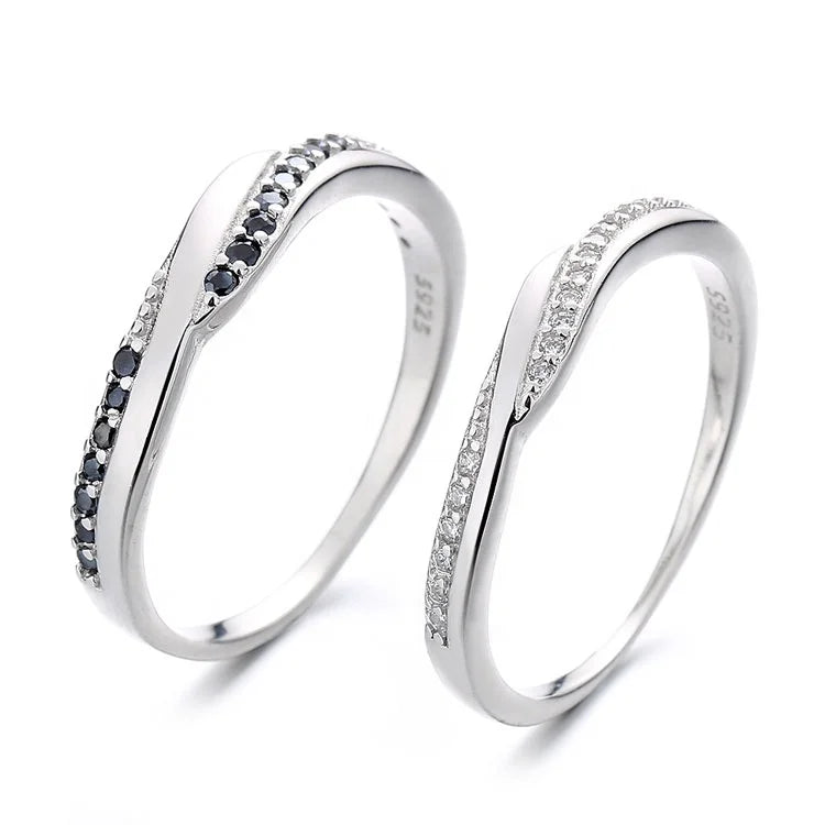 Real Silver 925 Couple Rings Set Black and White Stones Twist Ring for Couples Engagement Jewelry