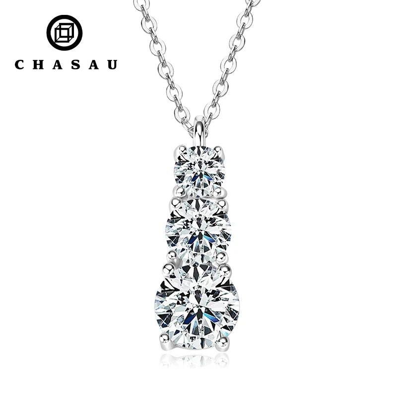 Original 925 Silver Necklace With GRA Certificate Wedding Jewelry 3 Stones 1.80cttw D/VVS1 Moissanite Diamond Pendants