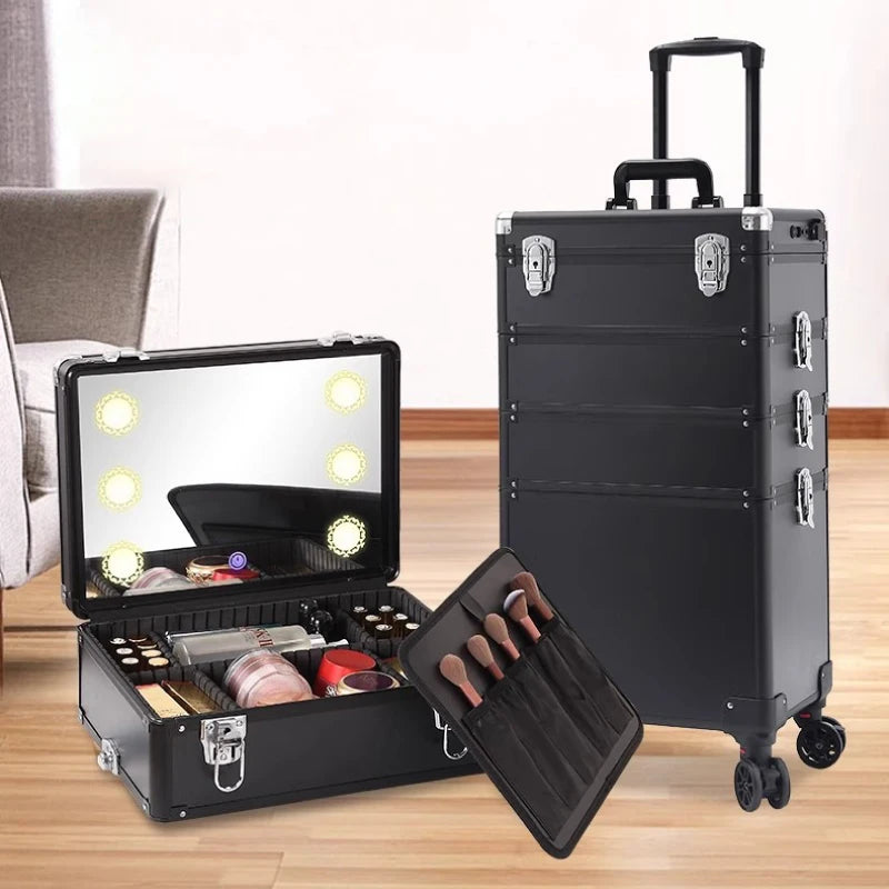 Professional Makeup Artist Stylish Black Aluminium Rolling LED Light Makeup Case 3-Colour Lights Candy Open Closure-Fashionable