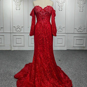 Sequins Long Sleeve Red Party Mermaid Wedding Gowns Dresses Jancember 9901-2