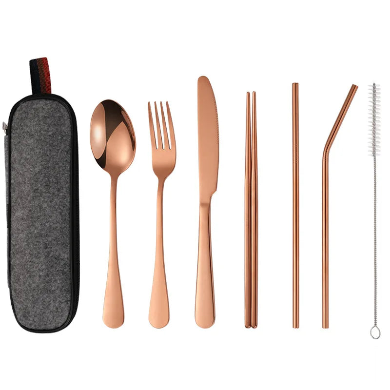 Portable Travel Stainless Steel Cutlery 7 Pcs Set Knife Fork Spoon Chopsticks Straw Reusable Metal Cutlery Set