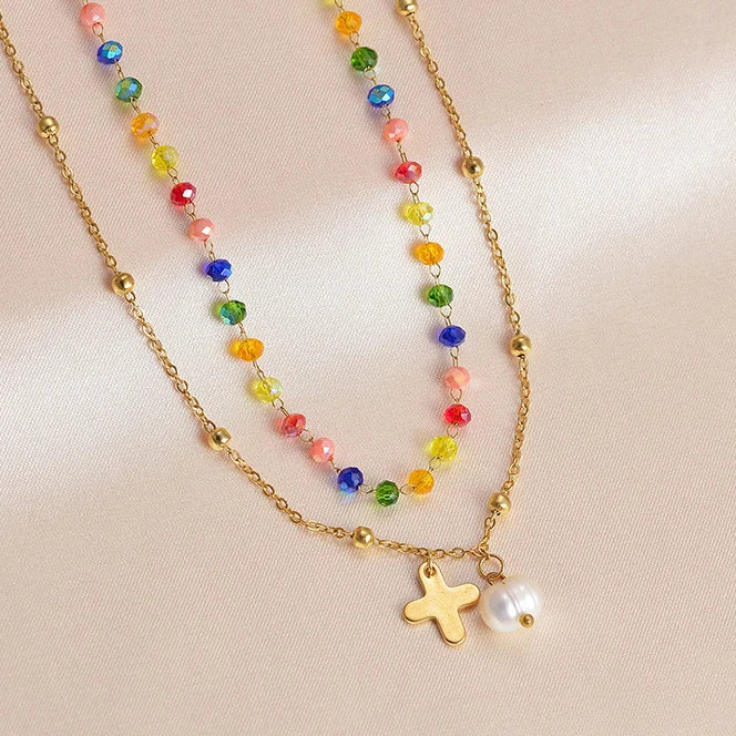 Women's 3-Layer Beaded Jewelry Necklace Colorful Freshwater Pearl Chains with Waterproof Titanium Steel Fashionable Accessory