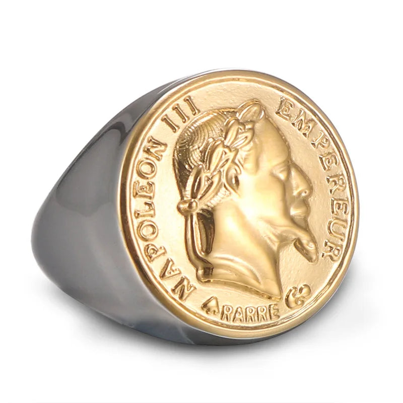 European and American Fashion Titanium Steel Ring Vintage Napoleon Head Punk Gold Men's Ring Stainless Steel Ring