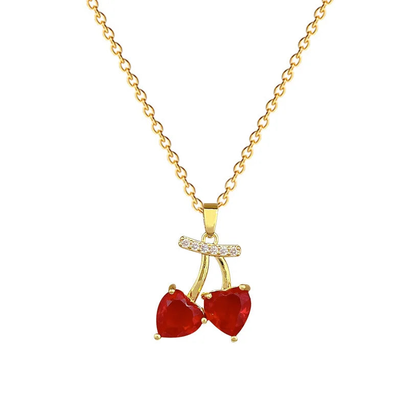 Non-Fading Cable Chain Lucky Red Fruit Cherry Diamond Pendant Stainless Steel Necklace