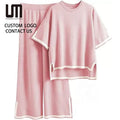 Liu Ming Fashion Spring Summer Women Simple O Neck Short Sleeve Knitted Side Slits Top Wide Leg Pants 2 Piece Set