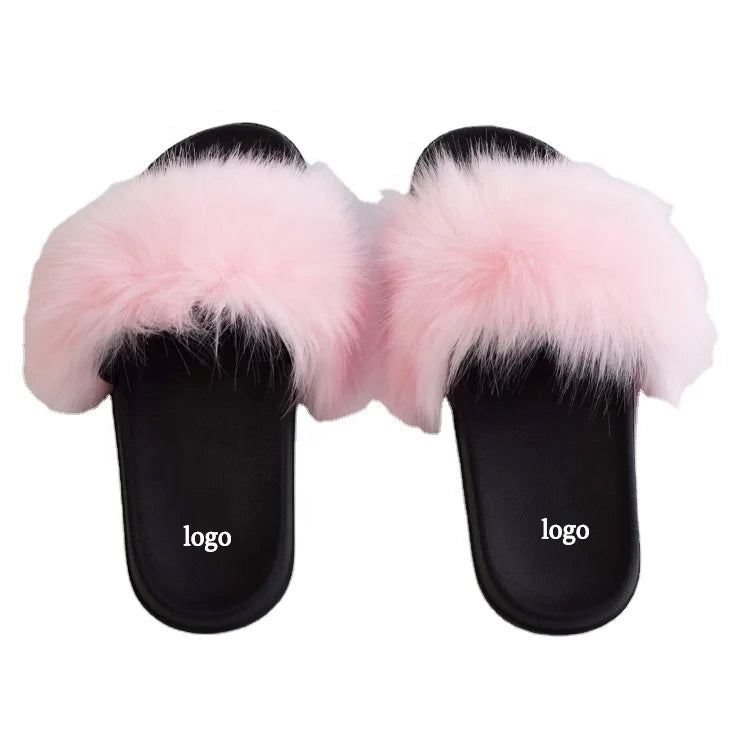 OEM Custom logo Faux Fur Female Sandals Soft Warm Women's slippers Outdoor Ladies Luxury Slides for Women