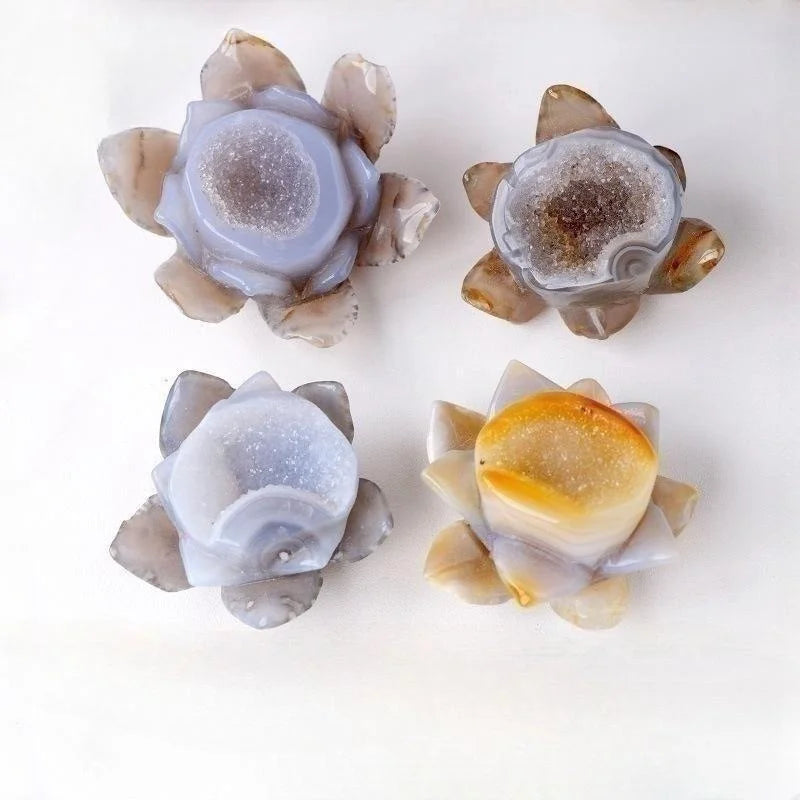 Factory Price Hand Carved Crystal Lotus Flowers Gemstone Crafts Druzy Agate Geode Lotus