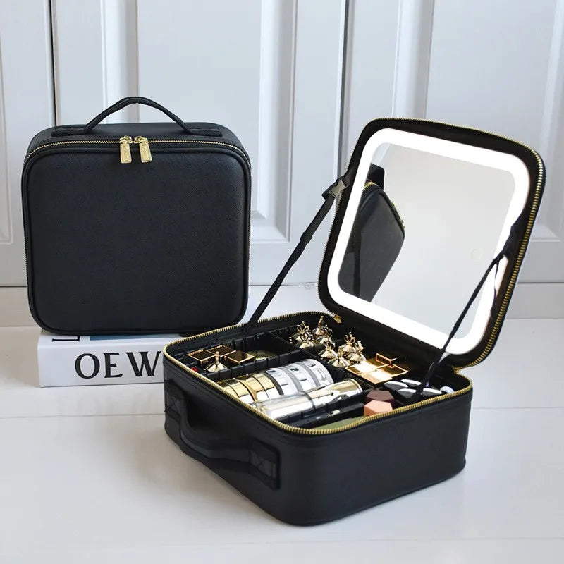 Outdoor Multifunction Travel Cosmetic Bag Women Makeup Organizer Professional Female Storage Make up Cases with Mirror LED Lamp