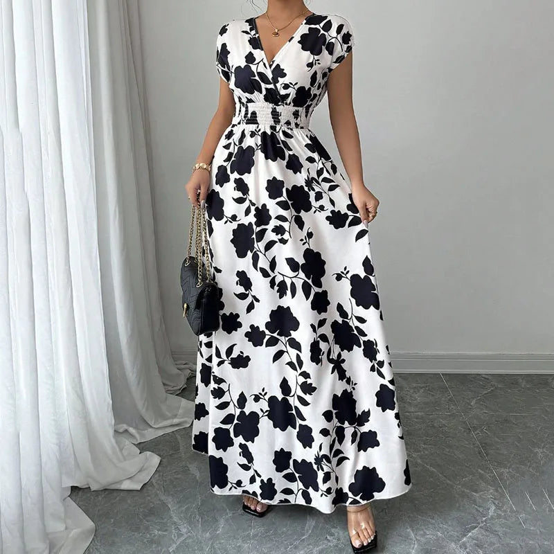 RNSHANGER New Summer Women's Printed Floral Maxi Dress Casual V Neck Sleeveless Elegant Dresses for Ladies