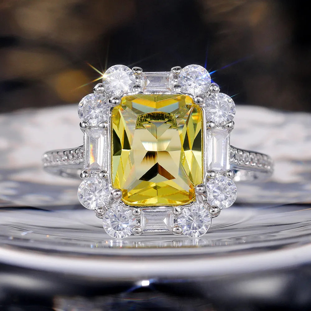 CAOSHI Excellent Emerald Cutting Gorgeous Rectangular Yellow Crystal Silver Color Brass Jewelry Women White Diamond Wedding Ring