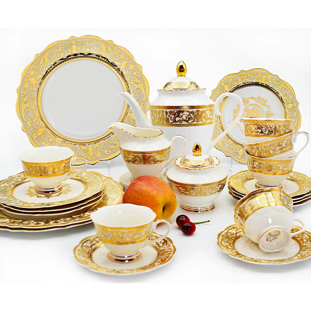 Karosa 24pcs Embossed Gold Porcelain Tea Set Luxury Style Bone China Coffee Set