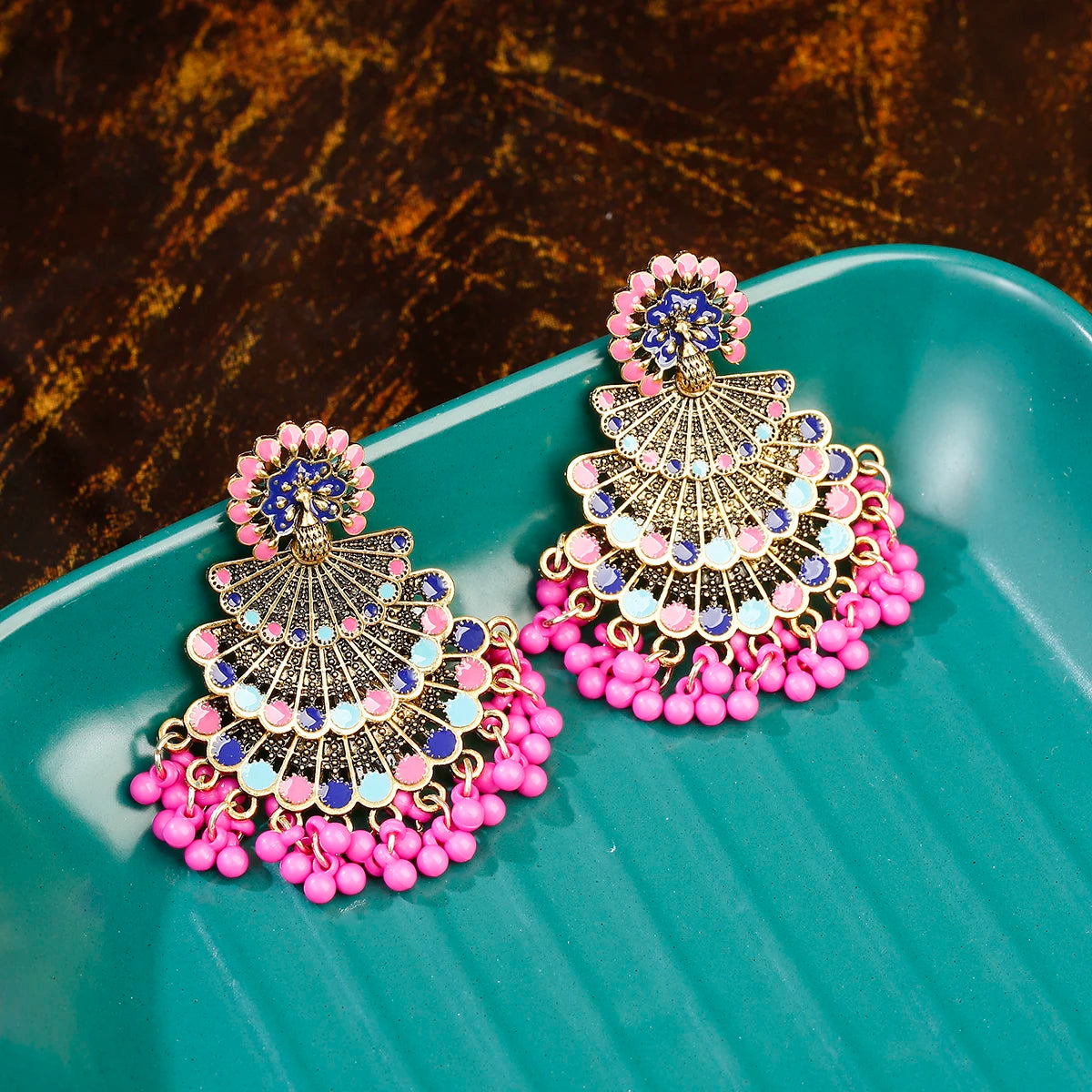 Women 's Rose Red Peacock Dripping Oil Bollywood Earrings Boho Ethnic Big Sector Beads Tassel Gold Alloy Dangle Earrings