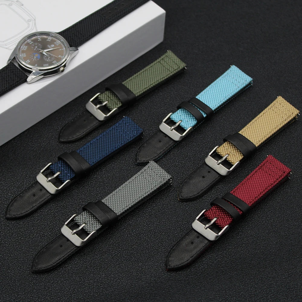 Hot Sale Hybrid Canvas Watch Strap 20mm Universal Leather Nylon Watch Band with Quick Release Fabric Wristwatch Bracelet