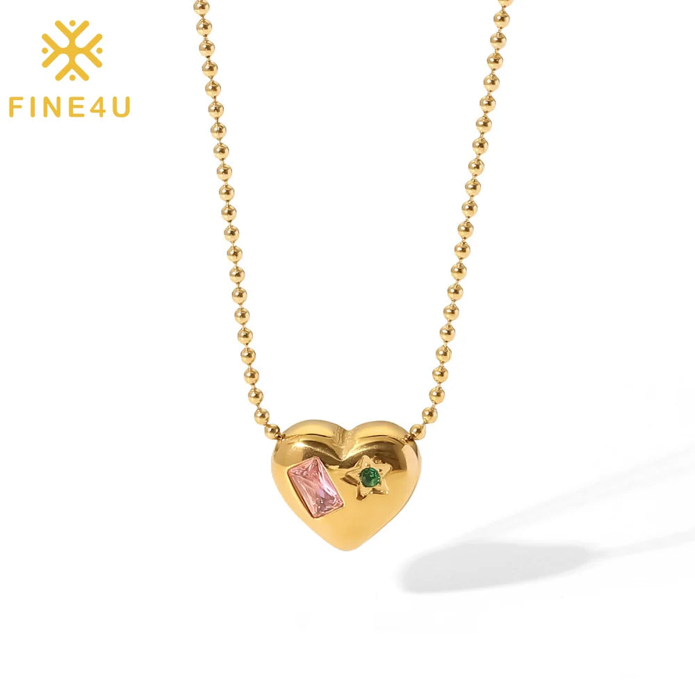 New Fashion Women Jewelry Collare Gold Plated Bead Chain Stainless Steel Aesthetic Zirconia Heart Necklace