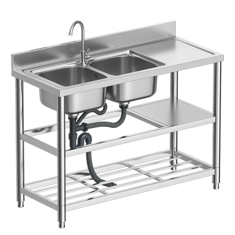 Freestanding Stainless Steel Double Bowl Kitchen Sink with Multifunctional Shelf Kitchen Furniture