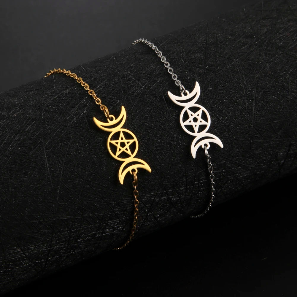 Triple Moon Goddess Bracelet Pentagram Charm Stainless Steel Women Bracelet Amulet Vintage Jewelry