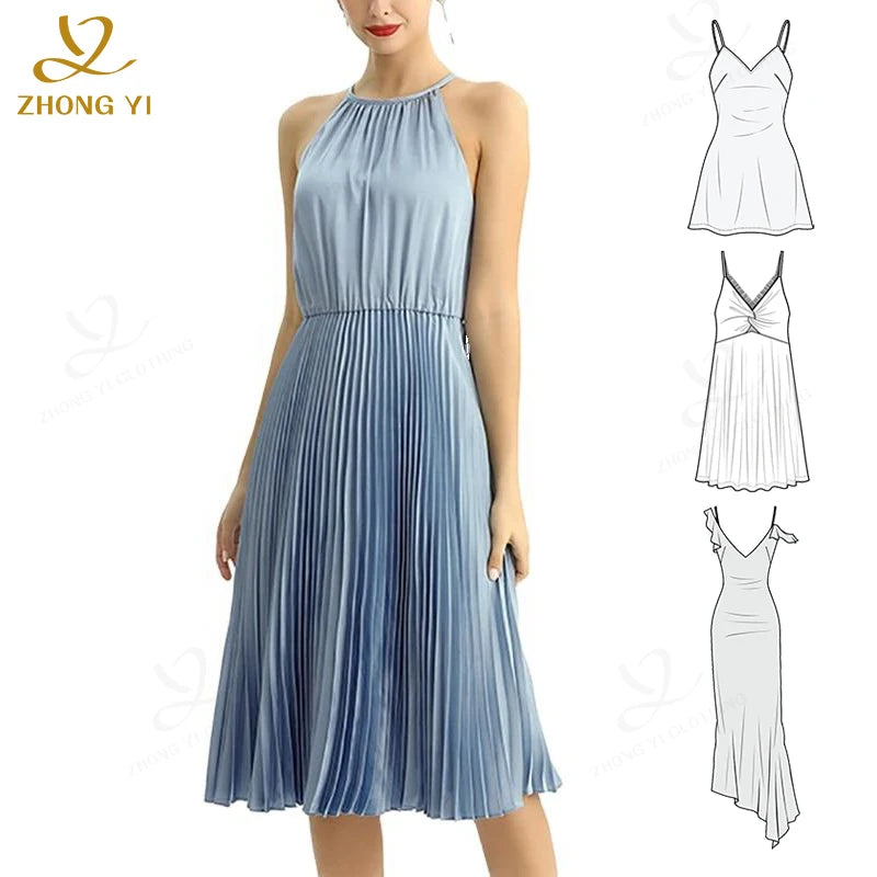 Women Dress Clothing Manufacturers Custom Summer Pure Blue Sleeveless Pleated Casual Style Long Dresses