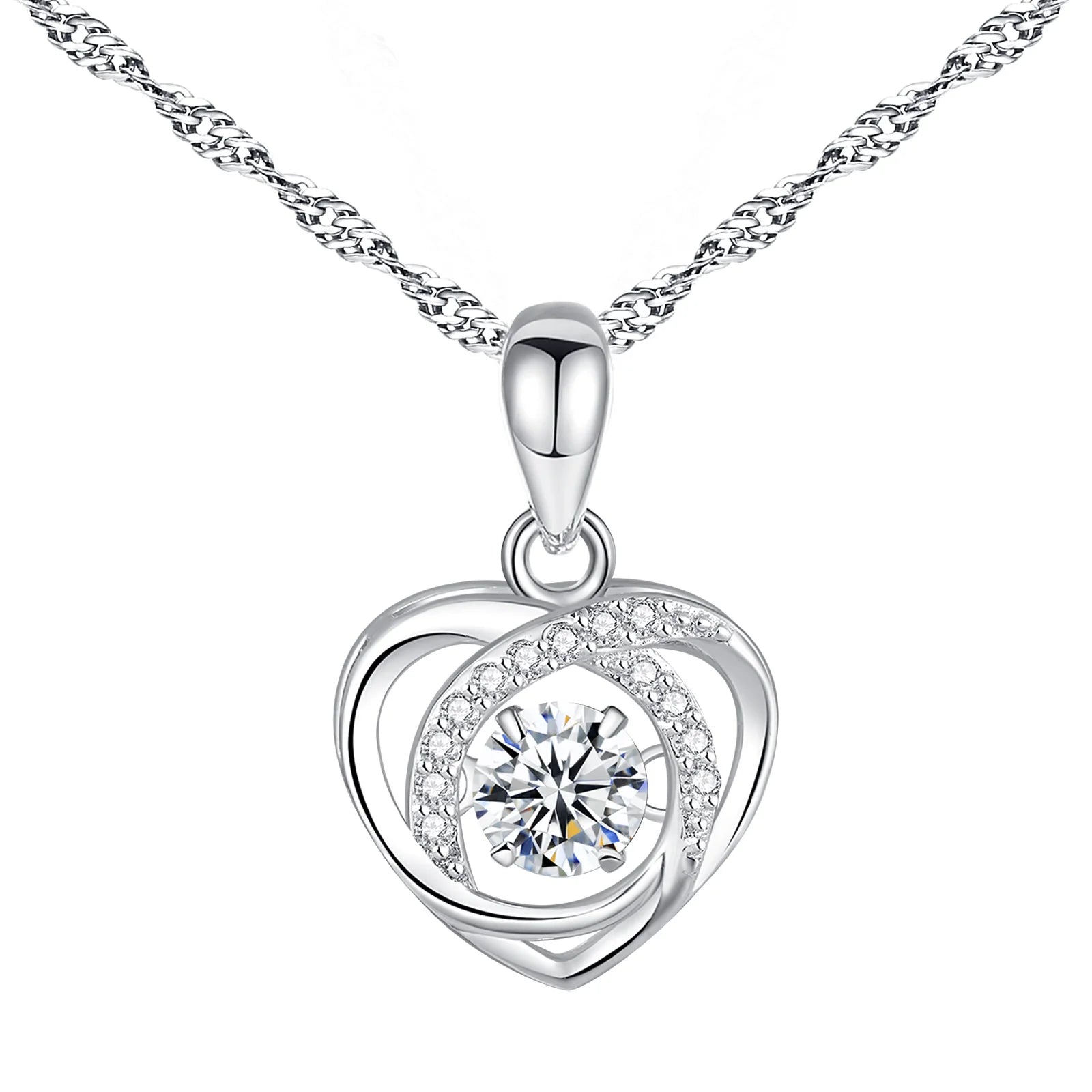 Graceful 925 Silver Fine Necklaces Round Heart Surrounding Pendant Zircon Trendy Style for Weddings Parties Real Silver Chain