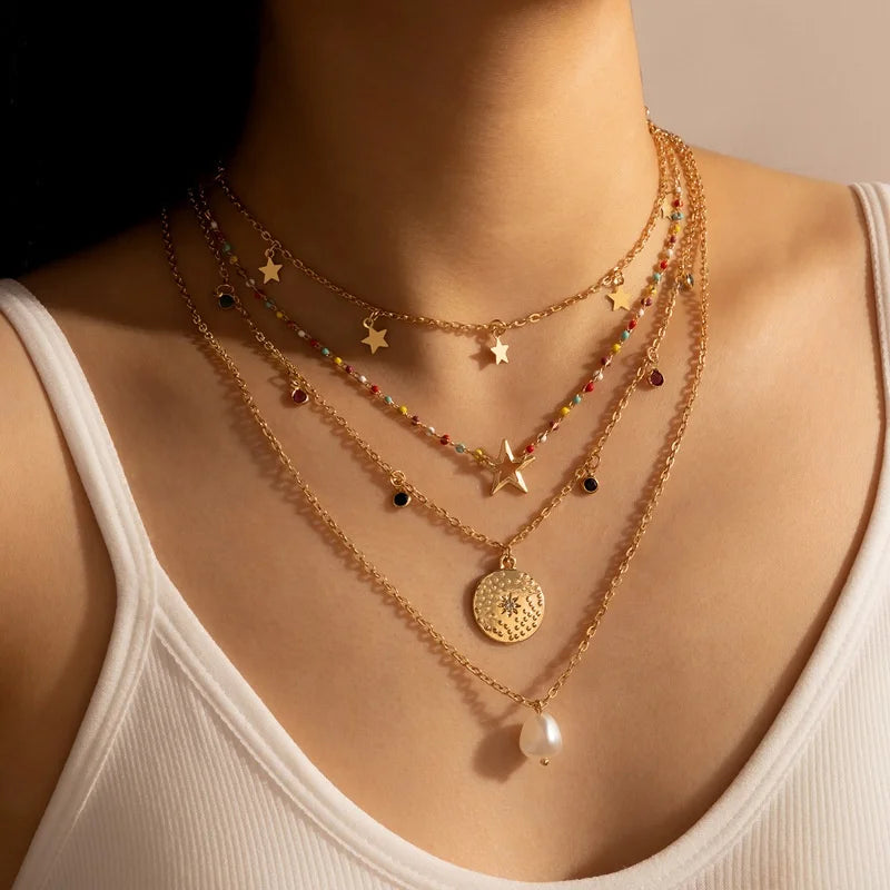2022 GT Collar Multicapas Fashion Tiktok Colored Beads Stars Pearl 4 Layers Long Necklaces Boho Bohemian Multi Layered Necklace