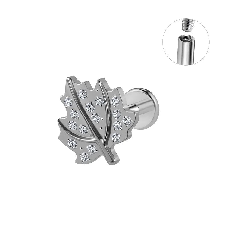 ASTM F136 Titanium Children's Zircon Cute Leaf Stud Earrings Flat Back 16 Gauge Labret Lip Helix Wedding Body Piercing Jewelry