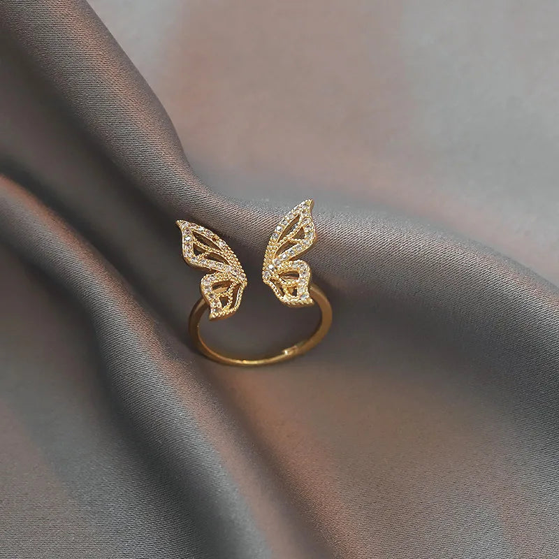 Luxury Girls Jewelry 18K Gold Plated CZ Cubic Zirconia Butterfly Rings Bling Rhinestone Crystal Butterfly Open Ring for Women