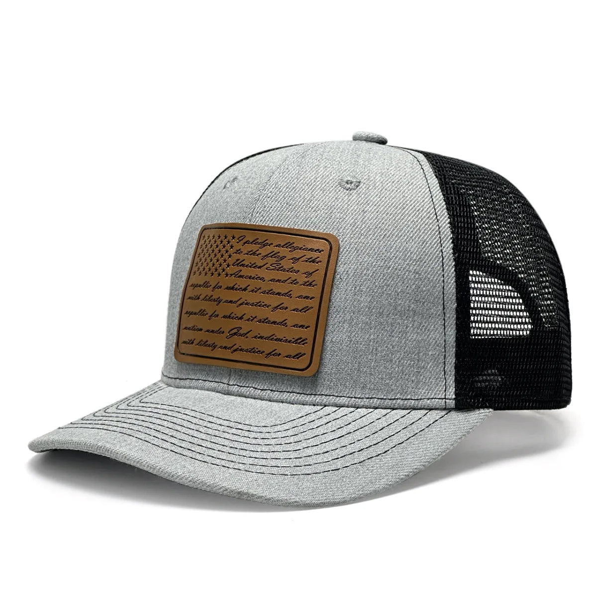 Wholesales Custom Leather Patch Logo 6 Panel Curved Brim Mesh Snap Back Trucker Hat Cap Cotton Trucker Mesh Hat Sport Cap