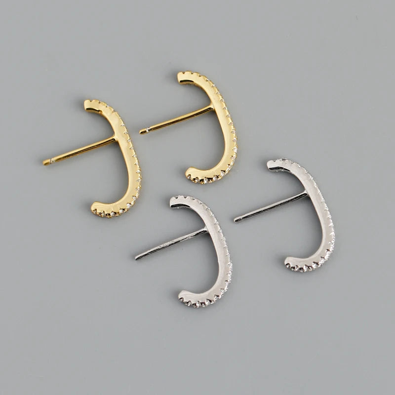 2022 NEW 925 Sterling Silver Minimalist C Shape with Full Cz Diamond Stud Earring for Women