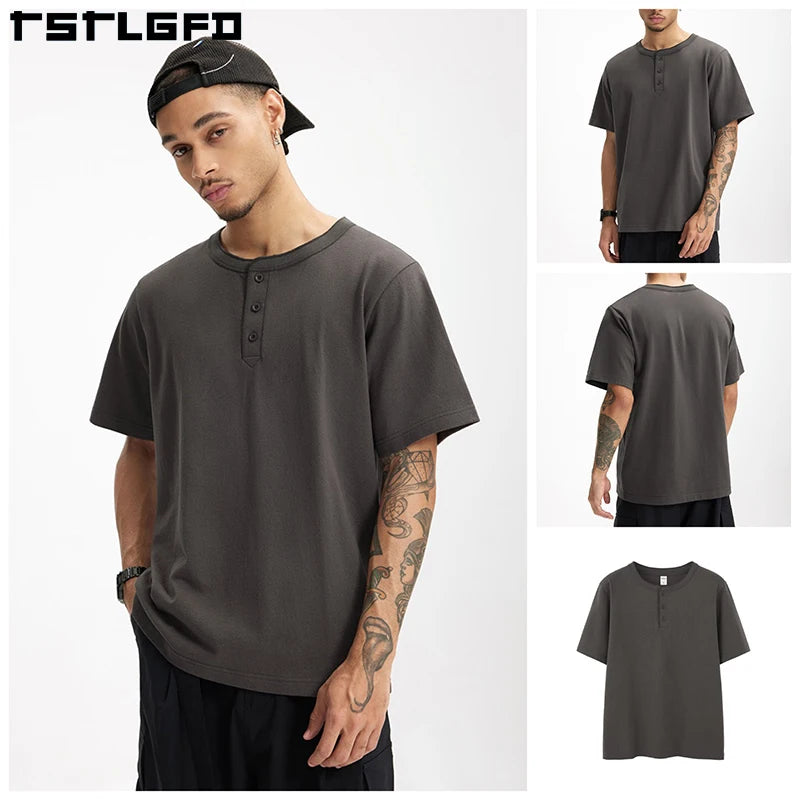 Clothing Mmanufacture Henley Shirt Custom Blank 250GSM Heavyweight Tshirt Streetwear Heavyweight Cotton T Shirt Men