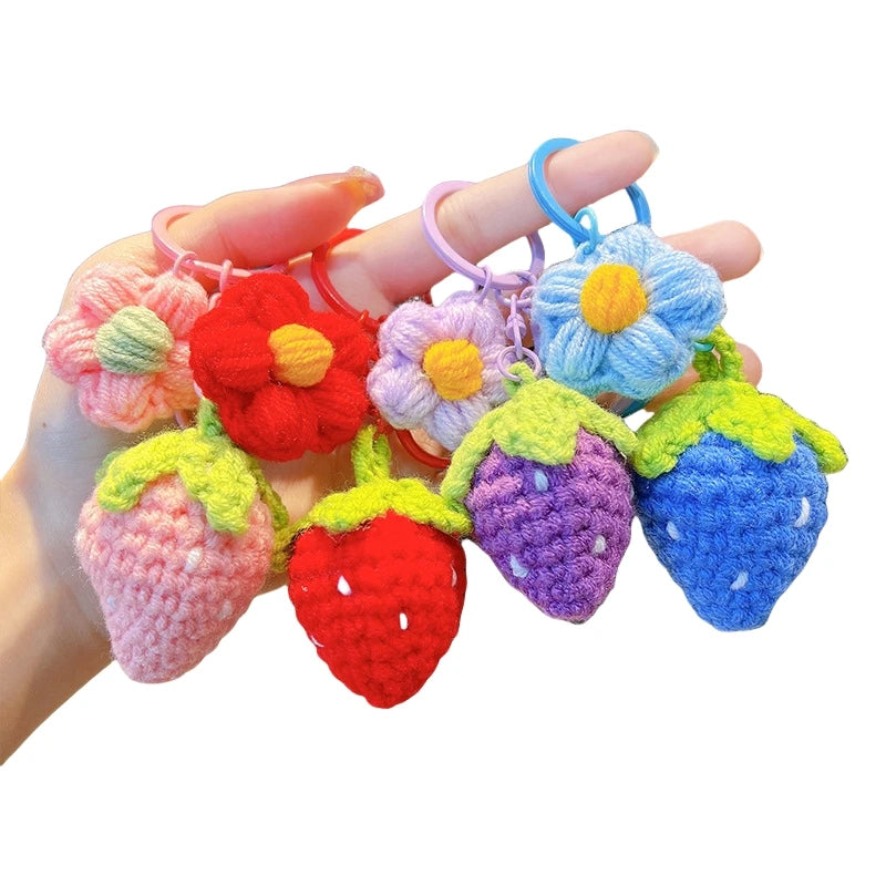 Amigurumi Crochet Toys Strawberry Crochet Keychain Handmade Woven Crochet Flower Fruit Strawberry Keychain Bag Charm Accessories