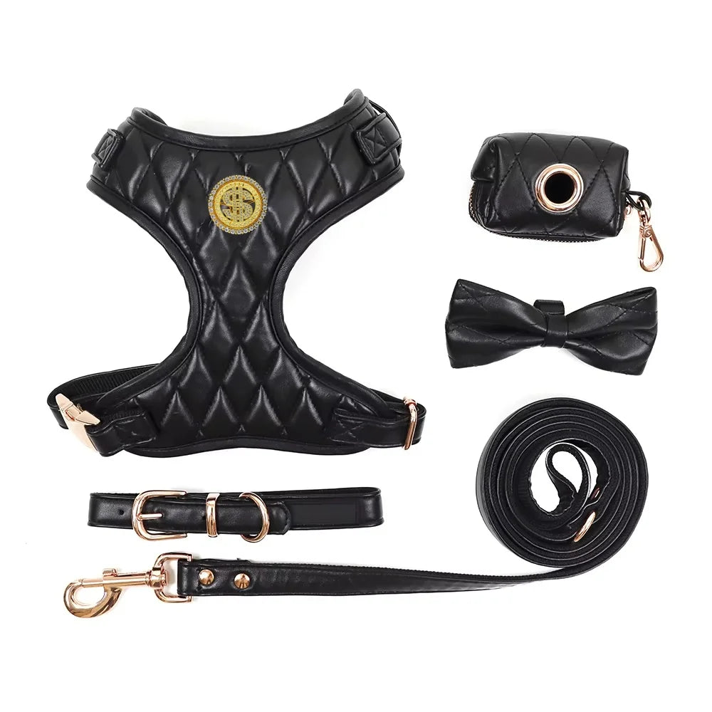 Customizable Luxury Vegan Leather Dog Harness and Leash Set Adjustable Black Classic Pet Collar with Personal Touch