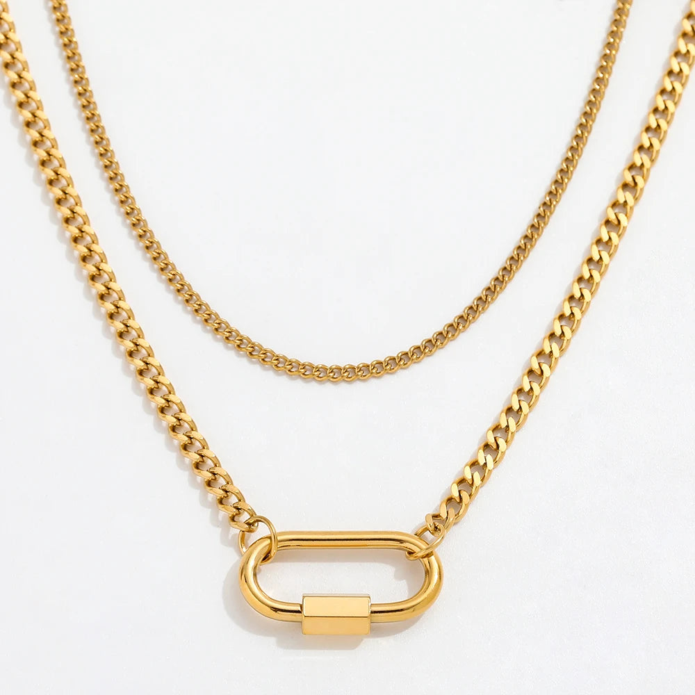 Fenny 18K Gold Plated Tarnish Free Permanent Fashion Double-layer Oval Pendant Choker Chain Stainless Steel Necklace for Women